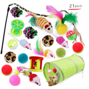 Interactive Cat Tunnel and Toy Set - Durable Collapsible Tunnel and Assorted Playtime Toys for Kittens and Adult Cats