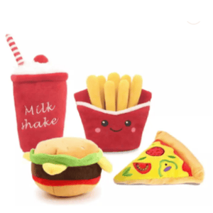 Pawsome Bites Squeaky Toy 4 Pack" - featuring "Fry Frenzy", "Burger Blast", "Milkshake Mania", and "Pizza Party"