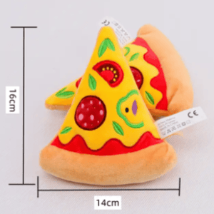 A fluffy, plush dog toy shaped like a slice of pizza, with a bright and colorful design. The toy is designed to be soft and durable and it has a built-in squeaker to keep your dog entertained and engaged