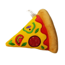 A single fluffy, plush dog toy shaped like a slice of pizza, with a bright and colorful design. The toy is designed to be soft and durable and it has a built-in squeaker to keep your dog entertained and engaged