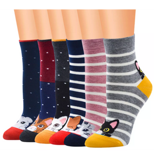 Six pairs of women's socks, each featuring a cute kitten pattern in various colors. These socks are made of soft and comfortable material, perfect for daily wear and keeping your feet warm and cozy